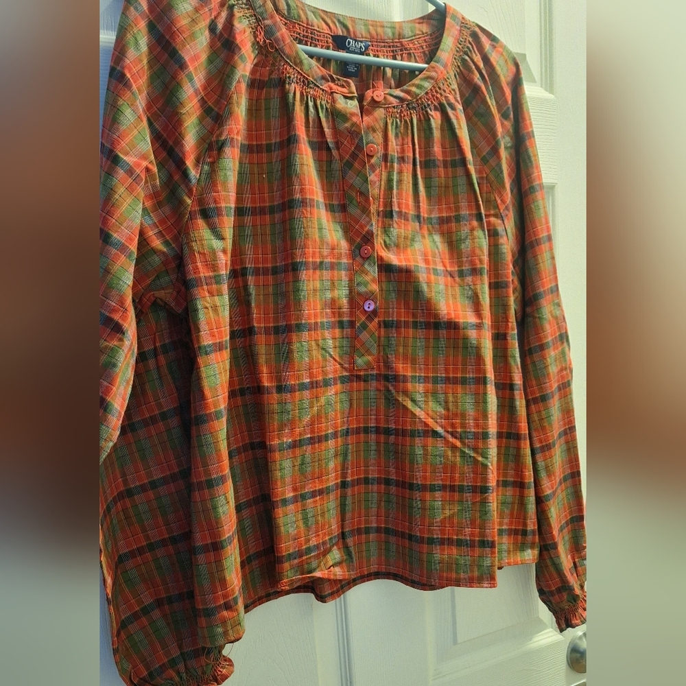 Plaid Button-Front Tunic in Orange and Green